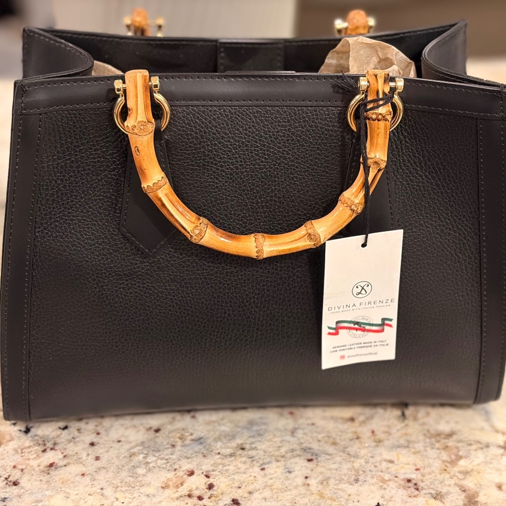 Black Tote Bag with Bamboo Handles - Divina Firenze NWT